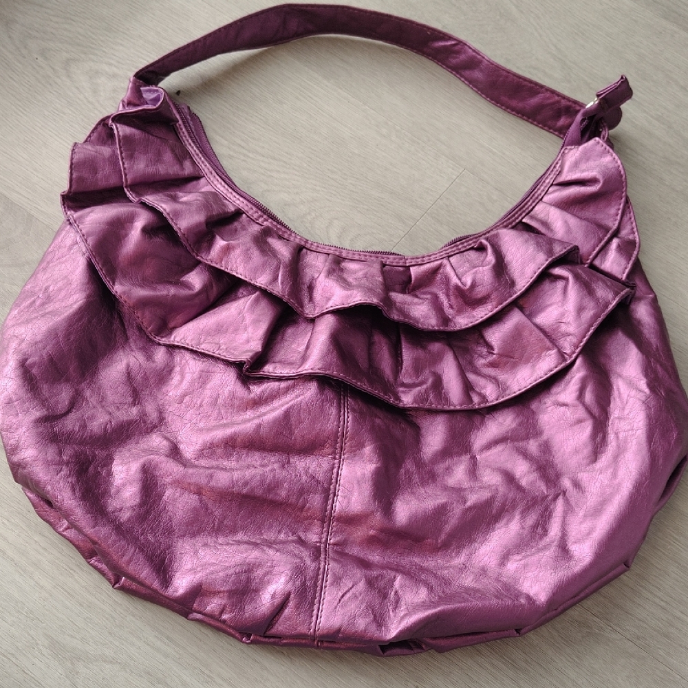 Metallic Purple Ruffle Hobo Shoulder Bag Large Slouchy Y2K Style Purse